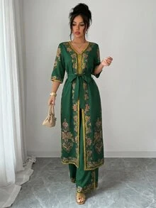 Selianne 2pcs Women's Set, New Spring/Summer Bohemian Middle Eastern Print Long Shirt With V-Neck, Cinched Waist, Batwing Long Sleeves, Gold Contrast Trim, Long Short Sleeve Shirt + Wide Leg Pants, Formal Outfit For Wedding And Other Important Occasions - Green - View 3