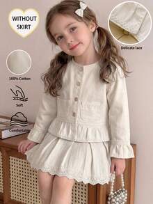 Girls' Denim Jacket, Spring/Autumn New Style, Casual Cute Sweet Lace Trim Ruffle Bell Sleeve Washed Denim Jacket, White Round Neck Gold Single-Breasted Princess Style Denim Top, Practical Versatile Suitable For Daily Wear, Party, Outdoor, Campus And More - Beige - View 2