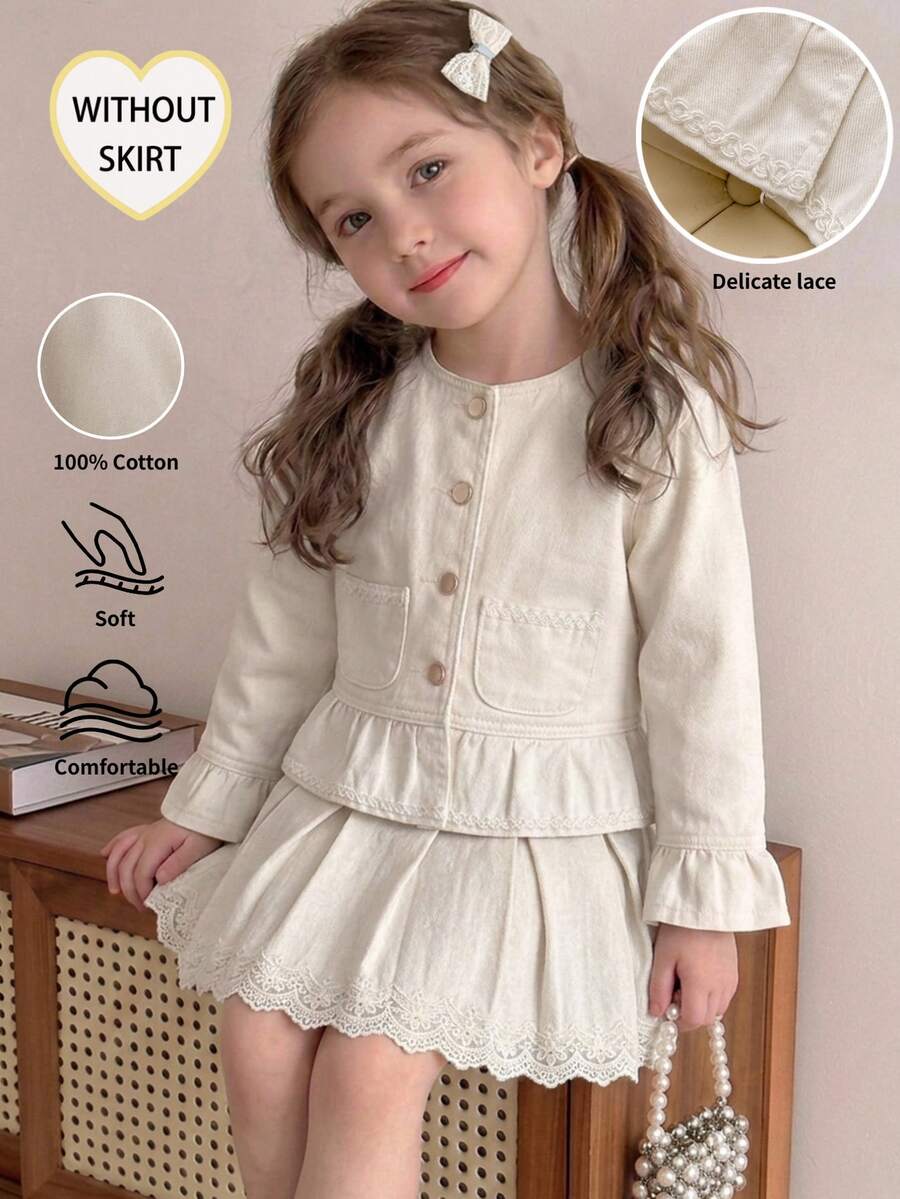 Girls' Denim Jacket, Spring/Autumn New Style, Casual Cute Sweet Lace Trim Ruffle Bell Sleeve Washed Denim Jacket, White Round Neck Gold Single-Breasted Princess Style Denim Top, Practical Versatile Suitable For Daily Wear, Party, Outdoor, Campus And More