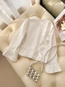Girls' Denim Jacket, Spring/Autumn New Style, Casual Cute Sweet Lace Trim Ruffle Bell Sleeve Washed Denim Jacket, White Round Neck Gold Single-Breasted Princess Style Denim Top, Practical Versatile Suitable For Daily Wear, Party, Outdoor, Campus And More - Beige - View 3