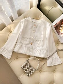 Girls' Denim Jacket, Spring/Autumn New Style, Casual Cute Sweet Lace Trim Ruffle Bell Sleeve Washed Denim Jacket, White Round Neck Gold Single-Breasted Princess Style Denim Top, Practical Versatile Suitable For Daily Wear, Party, Outdoor, Campus And More - Beige - View 4