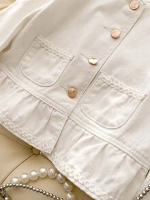 Girls' Denim Jacket, Spring/Autumn New Style, Casual Cute Sweet Lace Trim Ruffle Bell Sleeve Washed Denim Jacket, White Round Neck Gold Single-Breasted Princess Style Denim Top, Practical Versatile Suitable For Daily Wear, Party, Outdoor, Campus And More - Beige - View 6