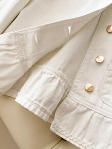 Girls' Denim Jacket, Spring/Autumn New Style, Casual Cute Sweet Lace Trim Ruffle Bell Sleeve Washed Denim Jacket, White Round Neck Gold Single-Breasted Princess Style Denim Top, Practical Versatile Suitable For Daily Wear, Party, Outdoor, Campus And More - Beige - View 7