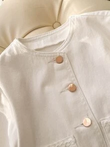 Girls' Denim Jacket, Spring/Autumn New Style, Casual Cute Sweet Lace Trim Ruffle Bell Sleeve Washed Denim Jacket, White Round Neck Gold Single-Breasted Princess Style Denim Top, Practical Versatile Suitable For Daily Wear, Party, Outdoor, Campus And More - Beige - View 5