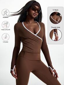 Innovista Innovista Women's Seamless Mesh Panel Thumb Hole Sports Sweatshirt Gym Sweatshirt Workout Sweatshirt Running Sweatshirt Sportswear Activewear Breathable Quick Dry High Stretch - Brown - View 4