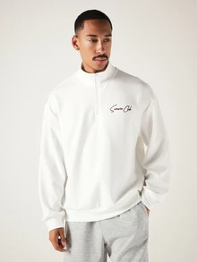 SUMWON Club Oversized Half-Zip Sweatshirt With Embroidered Chest Logo High Neck Long Sleeve Pullover Top - White - View 6