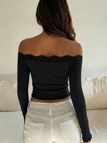 DAZY Women's Off-Shoulder Fitted Long Sleeve Casual Pullover Elegant T-Shirt Going Out Tops - Black - View 3