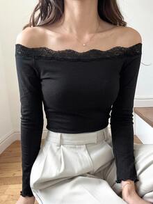 DAZY Women's Off-Shoulder Fitted Long Sleeve Casual Pullover Elegant T-Shirt Going Out Tops - Black - View 7