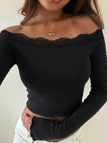 DAZY Women's Off-Shoulder Fitted Long Sleeve Casual Pullover Elegant T-Shirt Going Out Tops - Black - View 5