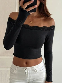 DAZY Women's Off-Shoulder Fitted Long Sleeve Casual Pullover Elegant T-Shirt Going Out Tops - Black - View 4