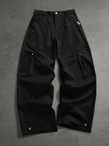 SUMWON Wide Leg Balloon Pants With Curved Seam Detail Large Pleated Pockets Metal Rivets And Snap Button Waist Closure Fall Winter - Black - View 3