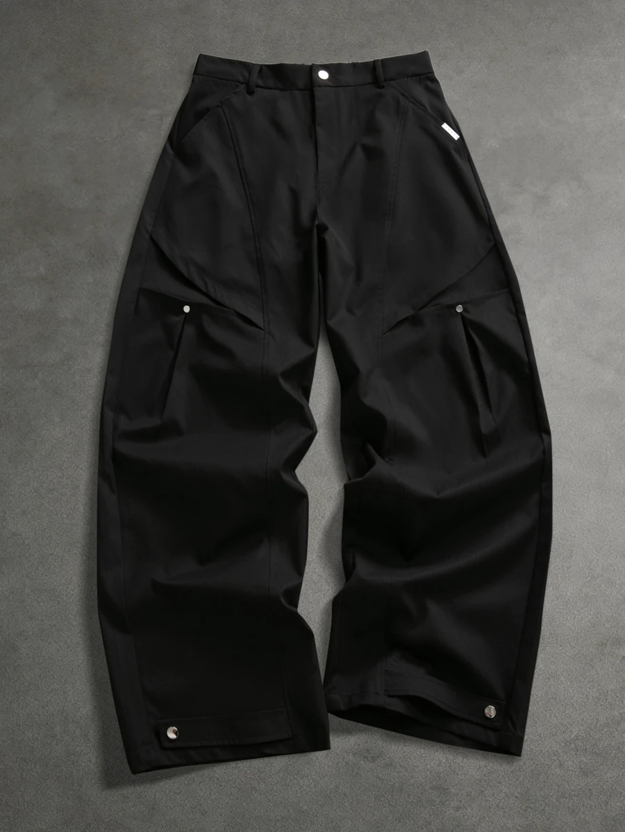 SUMWON Wide Leg Balloon Pants With Curved Seam Detail Large Pleated Pockets Metal Rivets And Snap Button Waist Closure Fall Winter - Black - View 1