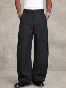 SUMWON Wide Leg Balloon Pants With Curved Seam Detail Large Pleated Pockets Metal Rivets And Snap Button Waist Closure Fall Winter - Black - View 8