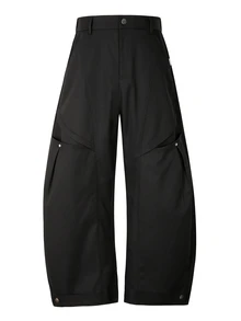 SUMWON Wide Leg Balloon Pants With Curved Seam Detail Large Pleated Pockets Metal Rivets And Snap Button Waist Closure Fall Winter - Black - View 1