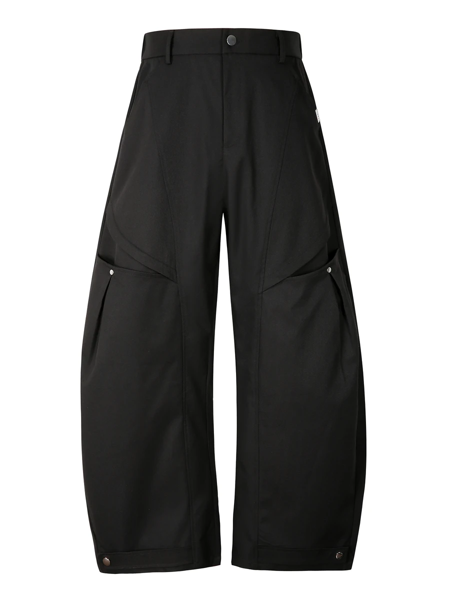 SUMWON Wide Leg Balloon Pants With Curved Seam Detail Large Pleated Pockets Metal Rivets And Snap Button Waist Closure Fall Winter - Black - View 1