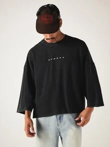 SUMWON Waffle Knit Boxy Crop Top With Crew Neck And 3/4 Sleeves In Washed Charcoal For Casual Everyday Wear - Black - View 2