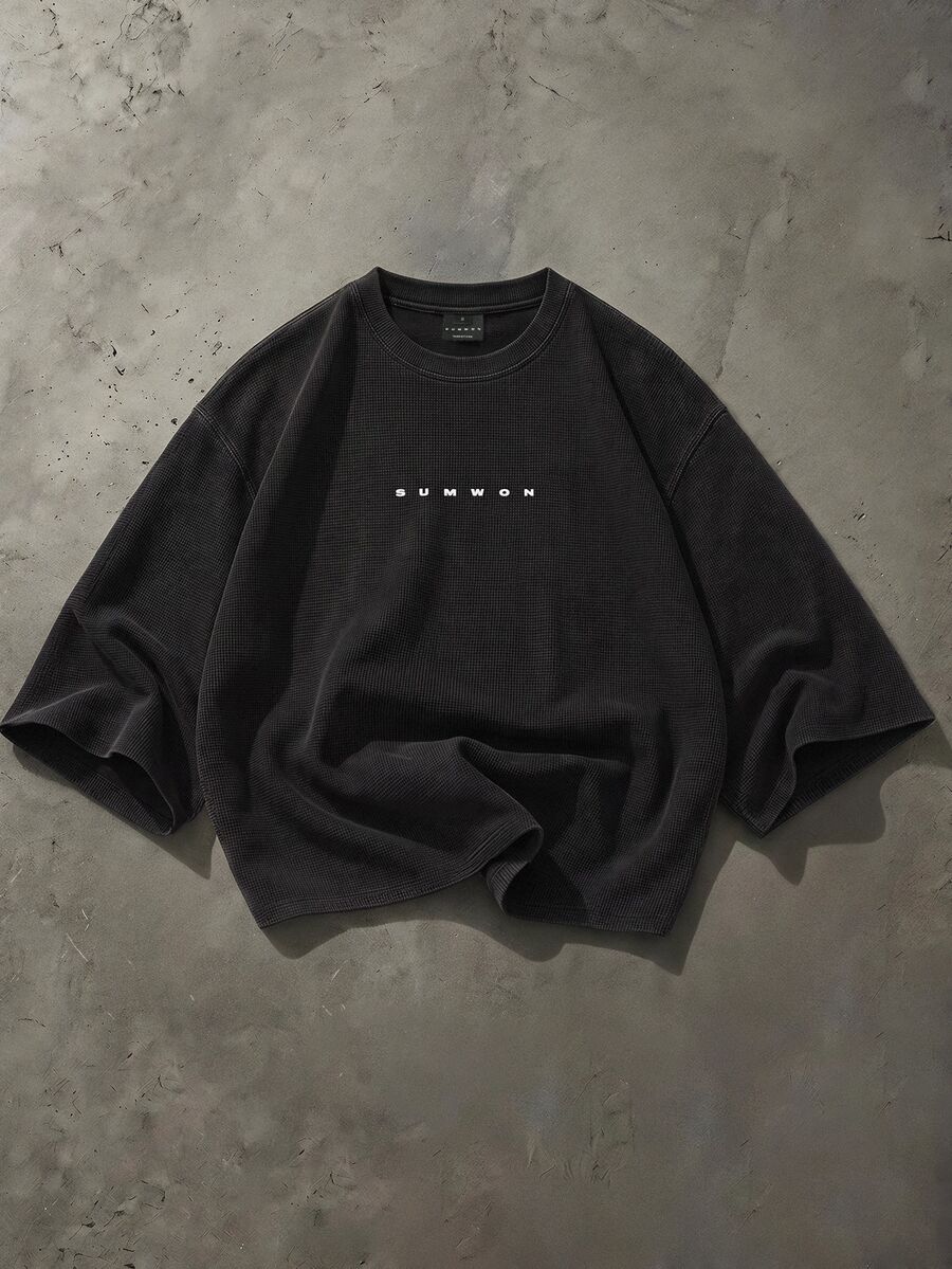 SUMWON Waffle Knit Boxy Crop Top With Crew Neck And 3/4 Sleeves In Washed Charcoal For Casual Everyday Wear - Black - View 1