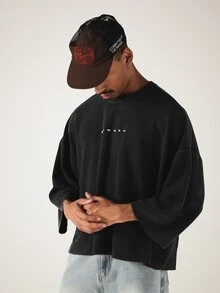 SUMWON Waffle Knit Boxy Crop Top With Crew Neck And 3/4 Sleeves In Washed Charcoal For Casual Everyday Wear - Black - View 4