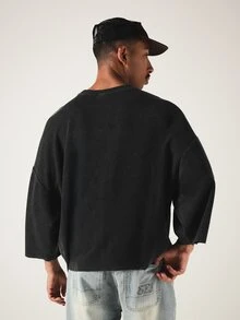 SUMWON Waffle Knit Boxy Crop Top With Crew Neck And 3/4 Sleeves In Washed Charcoal For Casual Everyday Wear - Black - View 3