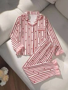 女童時尚可愛愛心與條紋印花長袖褲裝套裝，蓮花下擺，舒適泡泡皺褶布料居家服 - 彩色 - 查看 1