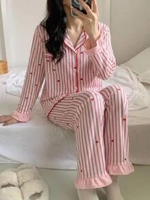 女童時尚可愛愛心與條紋印花長袖褲裝套裝，蓮花下擺，舒適泡泡皺褶布料居家服 - 彩色 - 查看 4