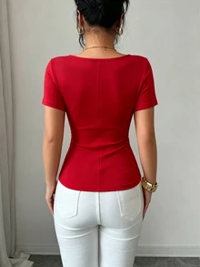 Elenzga Summer New V-Neck T-Shirt For Women, Rhinestone Button Decor, Waist Cinching, Commuting & Sexy Style - Red - View 4
