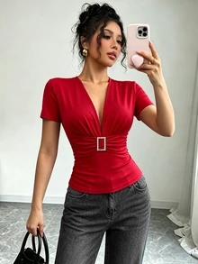 Elenzga Summer New V-Neck T-Shirt For Women, Rhinestone Button Decor, Waist Cinching, Commuting & Sexy Style - Red - View 3