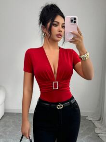Elenzga Summer New V-Neck T-Shirt For Women, Rhinestone Button Decor, Waist Cinching, Commuting & Sexy Style - Red - View 2