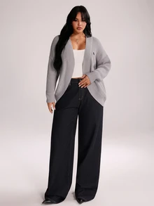 Rustia Cardigan Lengan Panjang Longgar Serbaguna untuk Wanita Ukuran Plus Musim Dingin - Light Grey - View 5