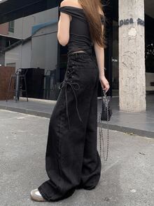 FRIFUL Celana Jeans Denim Wanita Kasual dengan Tali Silang, Model Musim Gugur - Dark Grey - View 6