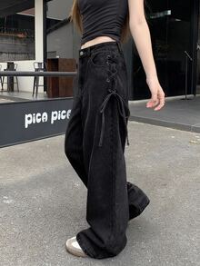 FRIFUL Celana Jeans Denim Wanita Kasual dengan Tali Silang, Model Musim Gugur - Dark Grey - View 3
