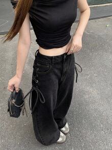 FRIFUL Celana Jeans Denim Wanita Kasual dengan Tali Silang, Model Musim Gugur - Dark Grey - View 2