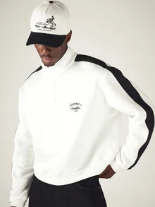 SUMWON Half-Zip Sweatshirt With Contrast Panel Stripe Detail And Script Logo Print For Fall Winter - White - View 4