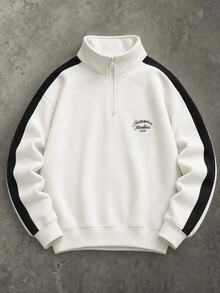 SUMWON Half-Zip Sweatshirt With Contrast Panel Stripe Detail And Script Logo Print For Fall Winter - White - View 5