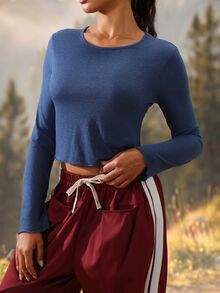 Exploreva Navy Blue Long Sleeve Cropped T-Shirt For Outdoor Sports - Navy Blue - View 3