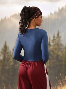 Exploreva Navy Blue Long Sleeve Cropped T-Shirt For Outdoor Sports - Navy Blue - View 2