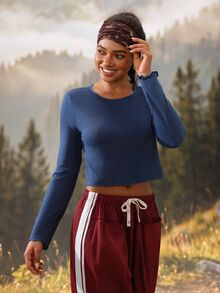 Exploreva Navy Blue Long Sleeve Cropped T-Shirt For Outdoor Sports - Navy Blue - View 4