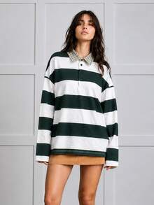 Zerodot Women Green Striped Full Sleeves Polo T-Shirt Casual Daily Fall Pre Fall - Green - View 1