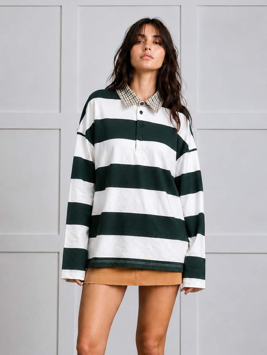 Zerodot Women Green Striped Full Sleeves Polo T-Shirt Casual Daily Fall Pre Fall - Green - View 1