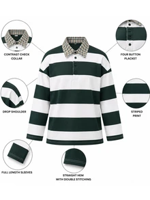 Zerodot Women Green Striped Full Sleeves Polo T-Shirt Casual Daily Fall Pre Fall - Green - View 7