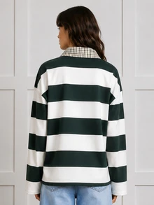Zerodot Women Green Striped Full Sleeves Polo T-Shirt Casual Daily Fall Pre Fall - Green - View 2