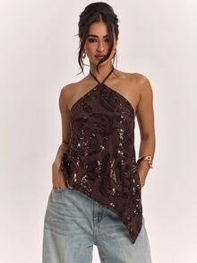 SHEIN BAE 女款秋冬亮片刺繡亮面性感掛脖時尚上衣，派對上衣 - 棕色 - 查看 3