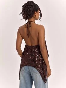 SHEIN BAE 女款秋冬亮片刺繡亮面性感掛脖時尚上衣，派對上衣 - 棕色 - 查看 2