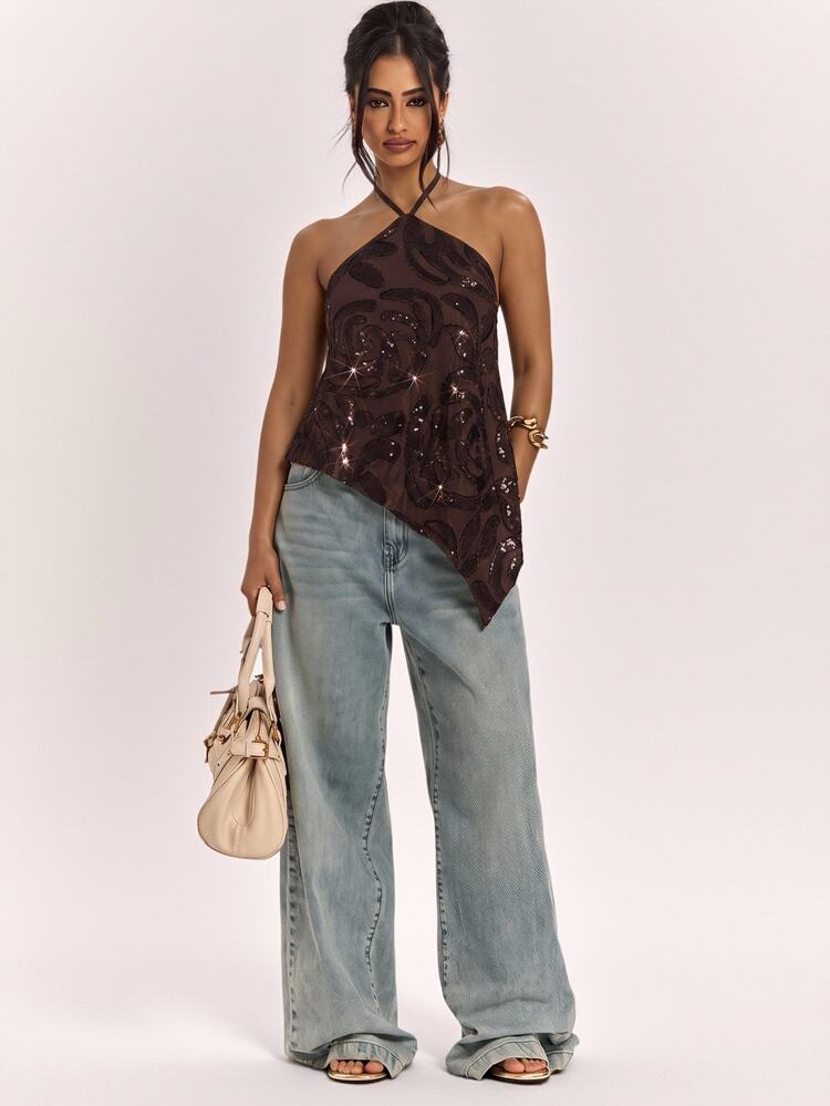 SHEIN BAE Women's Autumn/Winter Sequin Embroidered Shiny Sexy Halter Neck Fashion Top, Party Top - Brown - View 4
