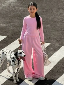 青少年女孩淺灰色長袖上衣拼接織帶彈性腰寬腿褲2件套 - 粉色 - 查看 1