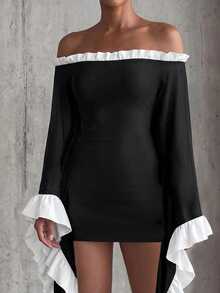 Eryvara Women's Fall Winter Black Ruffle White Ruffle Long-Sleeve Mini Dress,Cold-Shoulder Bodycon Dress,Chic Occasion Wear For Daily Date Party Dinner - Black - View 7