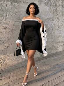 Eryvara Women's Fall Winter Black Ruffle White Ruffle Long-Sleeve Mini Dress,Cold-Shoulder Bodycon Dress,Chic Occasion Wear For Daily Date Party Dinner - Black - View 8
