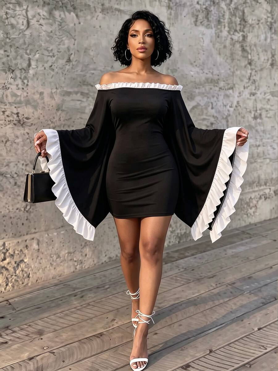 Eryvara Women's Fall Winter Black Ruffle White Ruffle Long-Sleeve Mini Dress,Cold-Shoulder Bodycon Dress,Chic Occasion Wear For Daily Date Party Dinner - Black - View 1