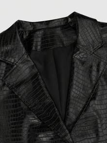 Sweetra Plus Size Lapel Double-Button Faux Crocodile Texture PU Leather Women's Autumn/Winter Blazer - Black - View 7