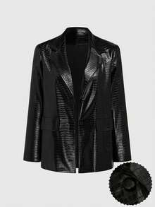 Sweetra Plus Size Lapel Double-Button Faux Crocodile Texture PU Leather Women's Autumn/Winter Blazer - Black - View 1
